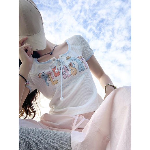 <曾小咸推荐>4.12现货秒杀 ！微信超特价！彩色字母印花系带短袖T恤 日常119.99 立减60 秒杀59.99！！ 商品图1