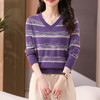 CC-101-56263鸡心v领长袖t恤女士2025春秋新款条纹洋气针织打底衫上衣 商品缩略图2