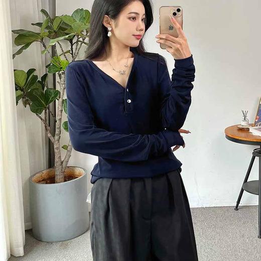 顺丰包邮洛诗琳90838超舒适气质V领纯色醋酸长袖T恤上衣10281 商品图3