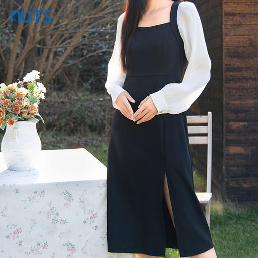 NUTS春季新品时尚撞色方领气质百搭通勤长袖连衣裙5121007A1 商品图1