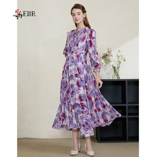 司歌雪纺印花长袖连衣裙春中长裙A901328X 商品图0