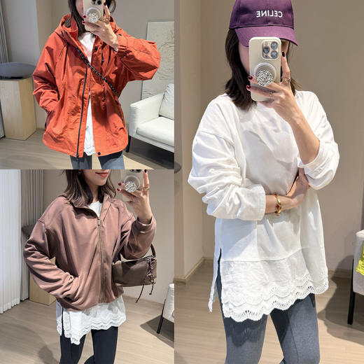 2025新款春日来信花边屁帘打底衫 中长过臀开叉遮肉宽松荃棉长袖白T 商品图3