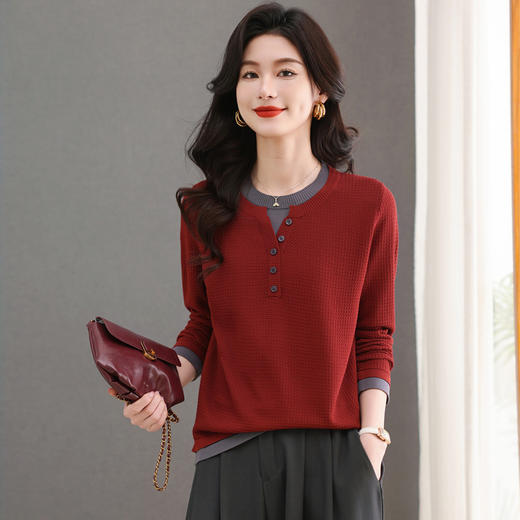 CC-103-8233假两件长袖t恤女2025春装新款宽松显瘦遮肚子毛衣洋气针织打底衫 商品图1