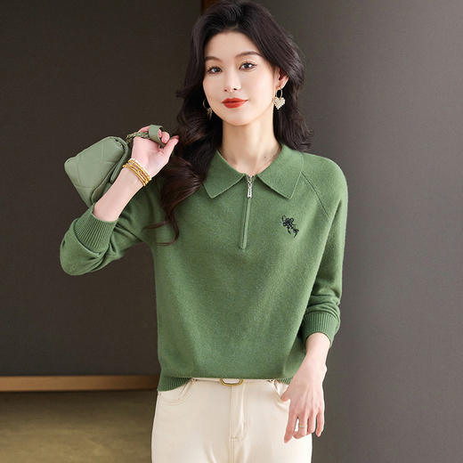 CC-101-82057娃娃翻领针织长袖t恤女士2025春秋季新款洋气拉链打底衫刺绣上衣T 商品图1