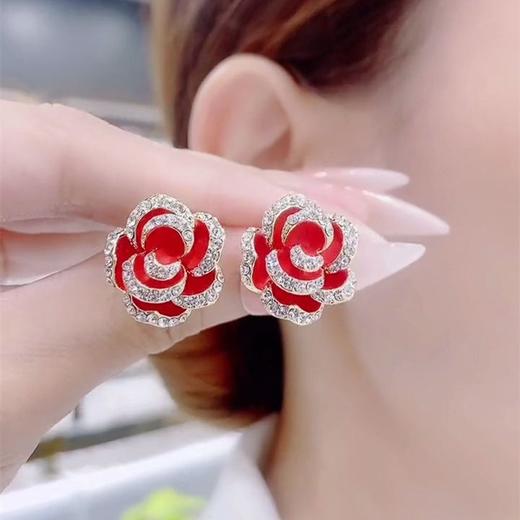 新年红色山茶花耳钉女适合过年的耳环玫瑰花网红百搭耳饰 商品图1