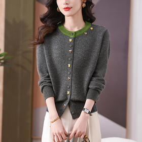 CC-101-56736春秋季新款女士洋气拼色针织衫开衫毛衣圆领小外套短款薄上衣