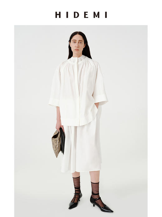 HIDEMI【当当同款】 浅春系甄选长绒棉极简设计感花苞压褶圆领廓形衬衫裙裤套装 白色/有机青柠绿  衬衫/裙裤 商品图14