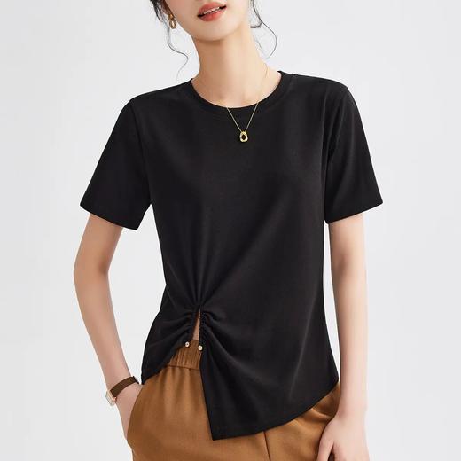 【自】全新升级【铂金会员100/天猫129/差价29】(82453) 洛诗琳2025春夏高级感设计小众短袖T恤不规则下摆褶皱上衣 商品图1