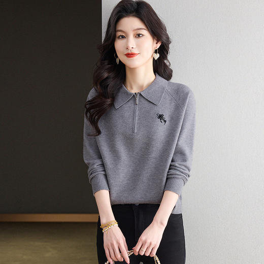 CC-101-82057娃娃翻领针织长袖t恤女士2025春秋季新款洋气拉链打底衫刺绣上衣T 商品图3