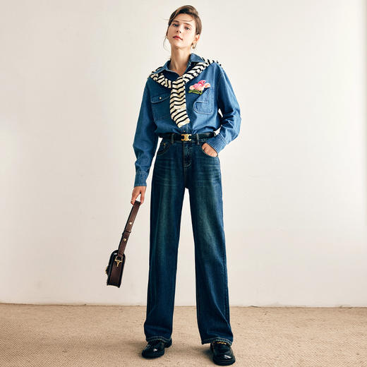 OLrain欧芮儿法式长袖牛仔衬衫女春季2025年新款复古宽松休闲衬衣 商品图3