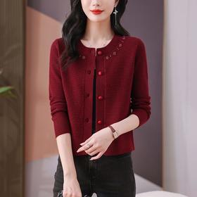 CC-101-56280时尚圆领钉珠针织开衫女短款春装2025新款宽松单排扣显瘦毛衣外套