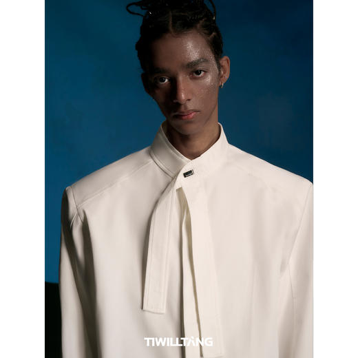 启世录TIWILLTANG“当代救赎”精奢设计感飘带领黑白休闲长袖衬衫 商品图1