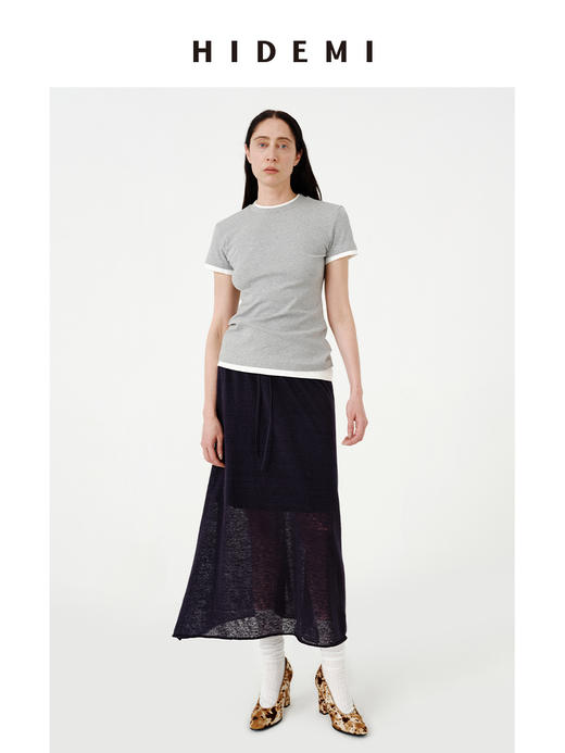 HIDEMI  极简小圆领弹力贴身显瘦假两件拼接款百搭短袖t恤 天空蓝拼白/橄榄绿拼白 商品图5