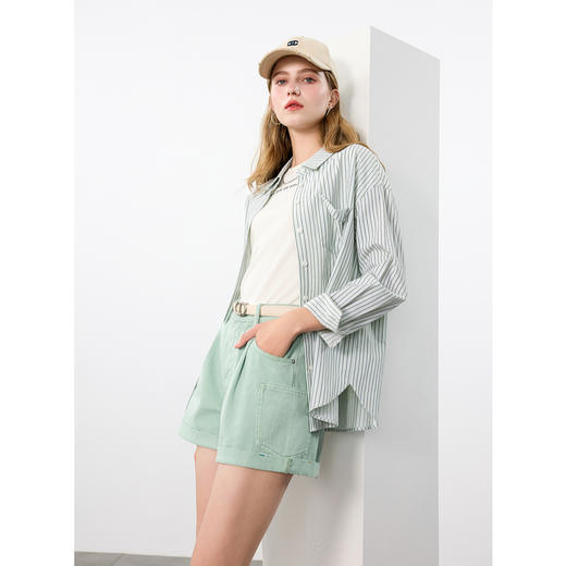 三彩2025春季新款纯棉牛仔短裤薄荷绿口袋热裤卷边休闲M 商品图1