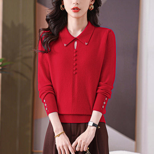 CC-101-56733春秋装新款娃娃翻领长袖t恤女士毛衣宽松遮肉上衣针织打底衫 商品图0