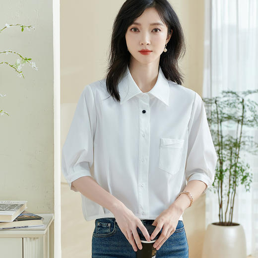 【白色纯棉衬衫】2026春季时尚简约纯色休闲百搭长袖衬衣 商品图1