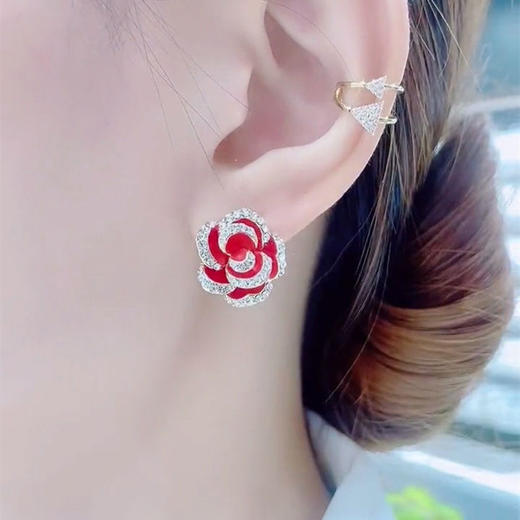 新年红色山茶花耳钉女适合过年的耳环玫瑰花网红百搭耳饰 商品图4