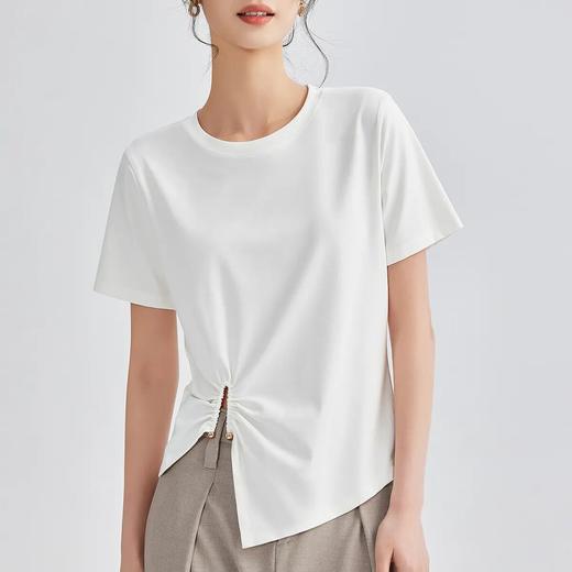 【自】全新升级【铂金会员100/天猫129/差价29】(82453) 洛诗琳2025春夏高级感设计小众短袖T恤不规则下摆褶皱上衣 商品图2