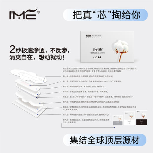 【IME卫生巾全新升级】超薄纯棉便携式 清爽透气不返渗 不含荧光剂/不含甲醛/不致敏 保质期3年 商品图3