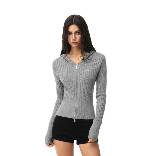 FDR官方店 复古绞花纹连帽针织衫女春季修身显瘦拉链开衫上衣外套 商品图0