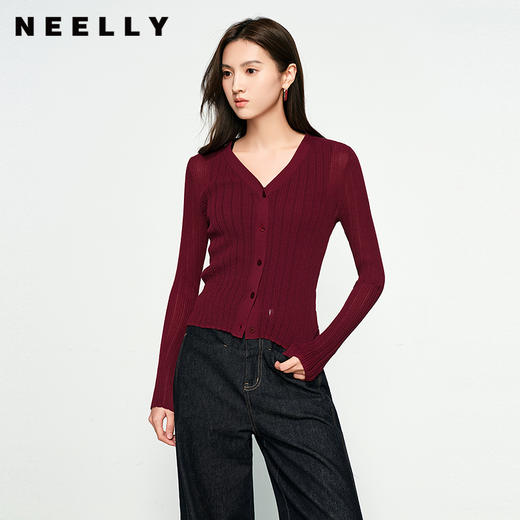 NEELLY纳俪商场同款春季新款圆领纯色针织衫女修身毛衣百搭开衫N25031A01118 商品图0