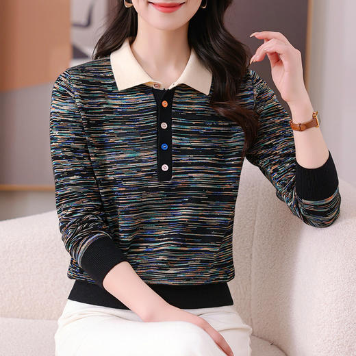 CC-101-56253春秋新款女长袖韩版花色百搭娃娃领针织毛衣百搭洋气薄款上衣 商品图2
