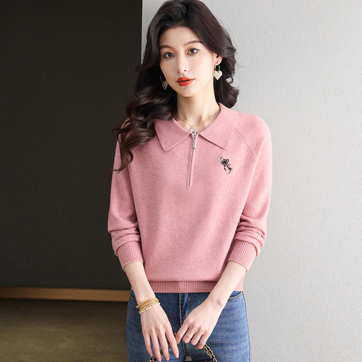 CC-101-82057娃娃翻领针织长袖t恤女士2025春秋季新款洋气拉链打底衫刺绣上衣T 商品图2