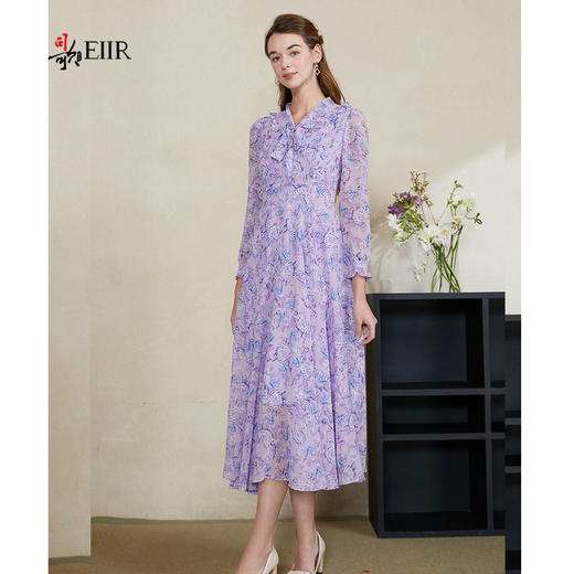 司歌印花雪纺长袖收腰连衣裙中长裙A901327X 商品图2