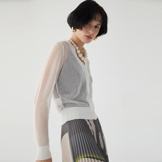 谜底针织开衫长袖女2025春款百搭短款肌理提花毛织上衣251MZ0382 商品图1