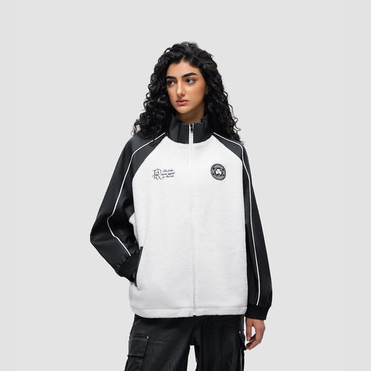 FDR 原创织带章仔羊羔毛外套男女秋冬美式撞色情侣高街开衫上衣 商品图1