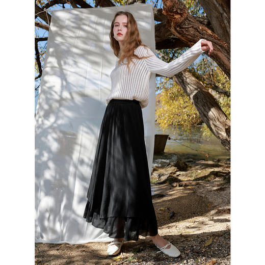 三彩2025春季新款肌理感半身裙松紧腰A字裙双层飘逸长裙M 商品图2