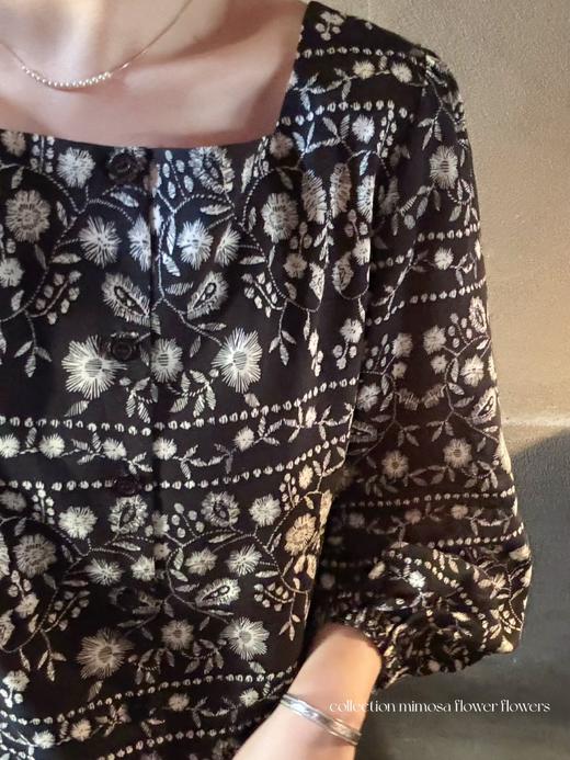 mimaso |  植物花卉方领设计灯笼袖衬衫 黑白花色 商品图1