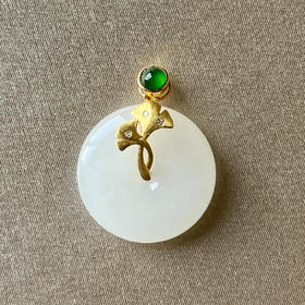 18K古法黄金和田玉（白玉）镶钻吊坠--银杏/平安扣22mm/配镶翡翠、钻石