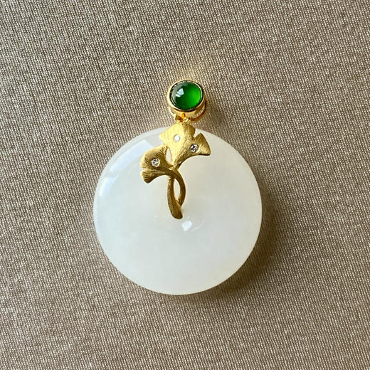 18K古法黄金和田玉（白玉）镶钻吊坠--银杏/平安扣22mm/配镶翡翠、钻石 商品图0