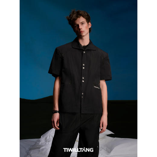 启世录TIWILLTANG“菱晶越境”菱形曲线分割短袖衬衫男夏拼接上衣 商品图1