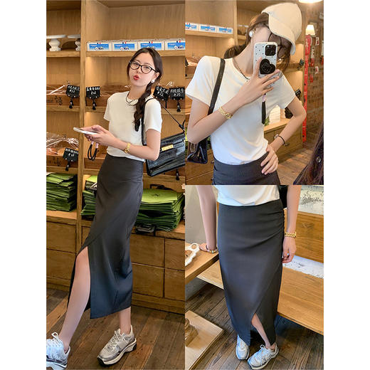 <曾小咸推荐>韩版气质高腰灰色开叉半身裙 商品图0