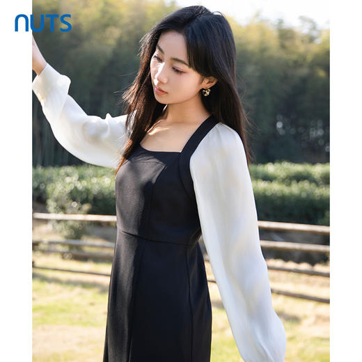 NUTS春季新品时尚撞色方领气质百搭通勤长袖连衣裙5121007A1 商品图0