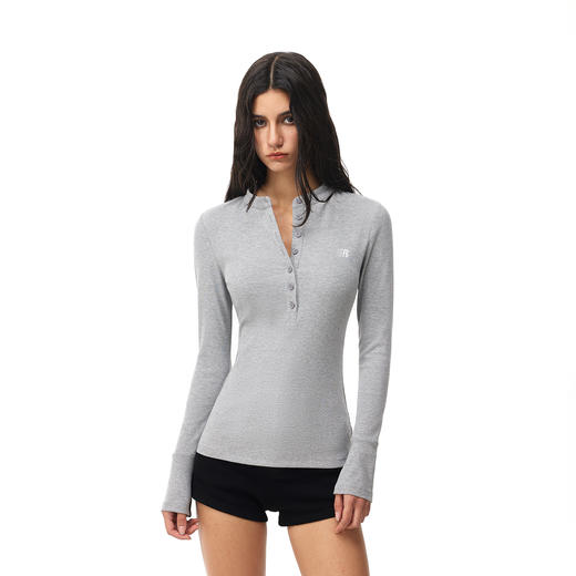 FDR官方店 复古亨利领纽扣长袖t恤女春季新款修身显瘦打底衫上衣 商品图0