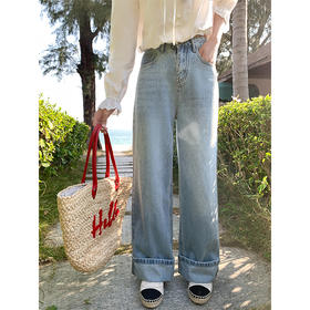 <曾小咸推荐>慵懒显瘦兰裤脚翻边高腰牛仔裤