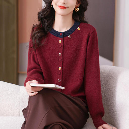 CC-101-56736春秋季新款女士洋气拼色针织衫开衫毛衣圆领小外套短款薄上衣 商品图2