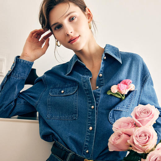 OLrain欧芮儿法式长袖牛仔衬衫女春季2025年新款复古宽松休闲衬衣 商品图2