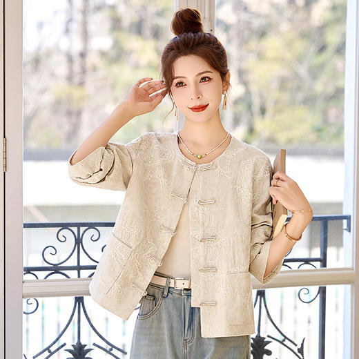 新中式国风外套，时尚复古腰果花亚麻棉刺绣圆领上衣HR-GJC2519 商品图1