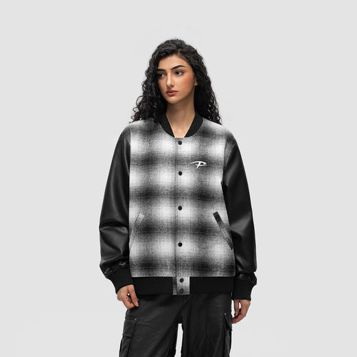 FDR 国潮美式格子毛呢棒球服外套男女春秋季高街情侣宽松上衣夹克 商品图0