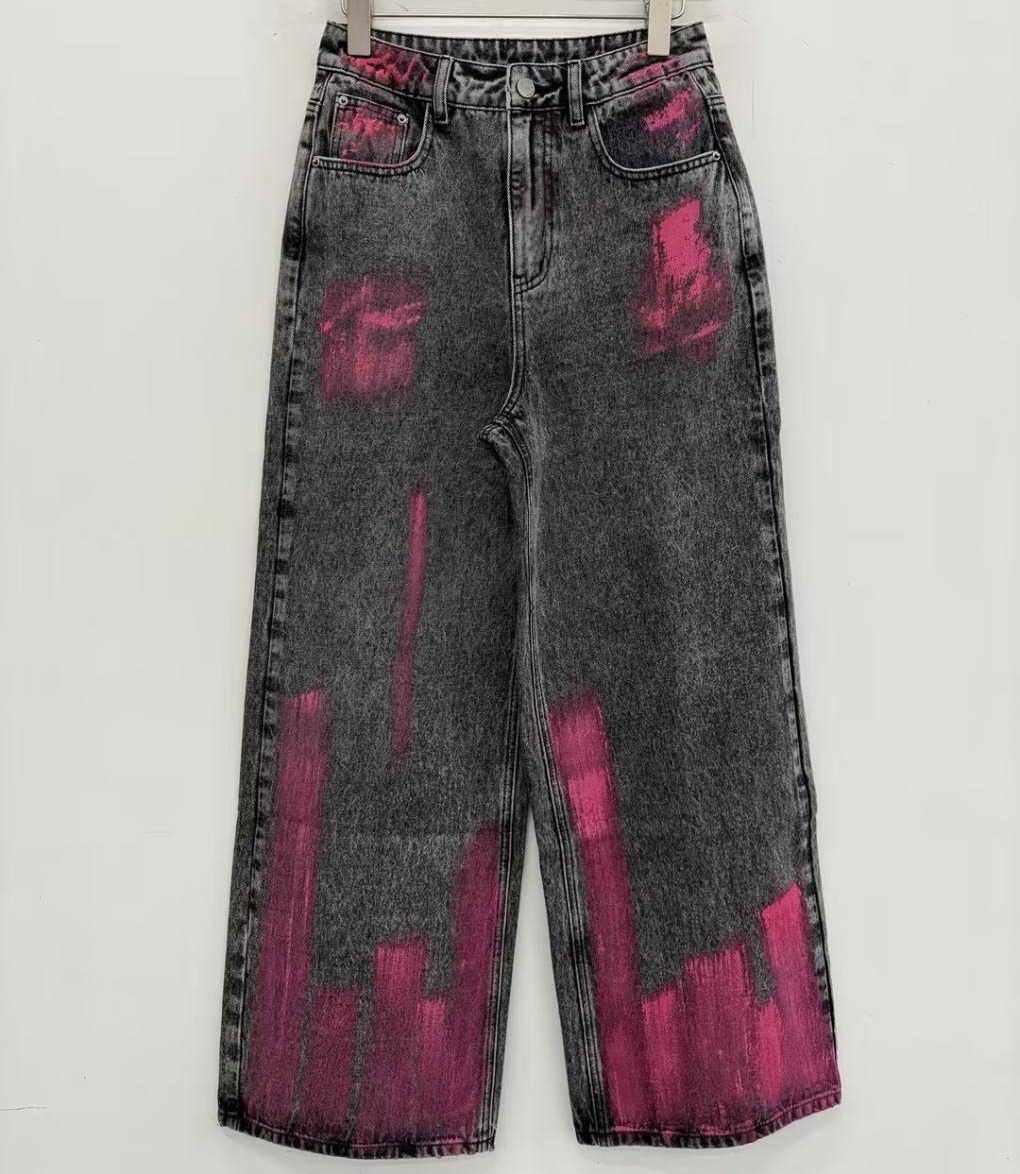 BZ1一粒扣刷漆晕染牛仔阔腿裤40810（黑）秋季243080230321