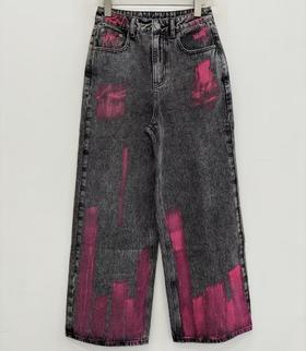 BZ1一粒扣刷漆晕染牛仔阔腿裤40810（黑）秋季243080230321