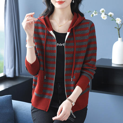 CC-5-6355春秋显白宽松中老年人短款针织开衫百搭通勤连帽外套上衣 商品图3