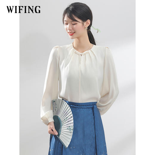 春秋冬杏色盘扣上衣时尚百搭OL通勤圆领上衣-不支持退换！介意者慎拍！ 商品图0