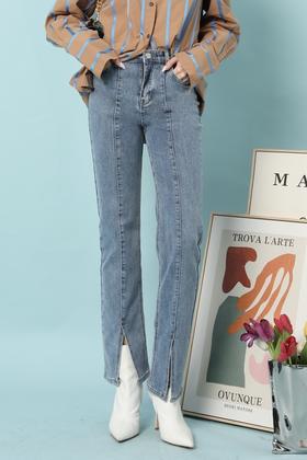 LNNNS 休闲百搭高腰前开衩牛仔长裤 15619