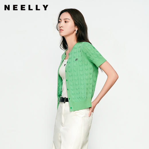 NEELLY纳俪商场同款春季新款显白嫩绿针织衫女修身百搭软糯开衫N25031A01119 商品图0