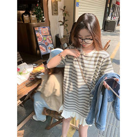 <曾小咸推荐>设计感下摆拼接条纹短袖连衣裙